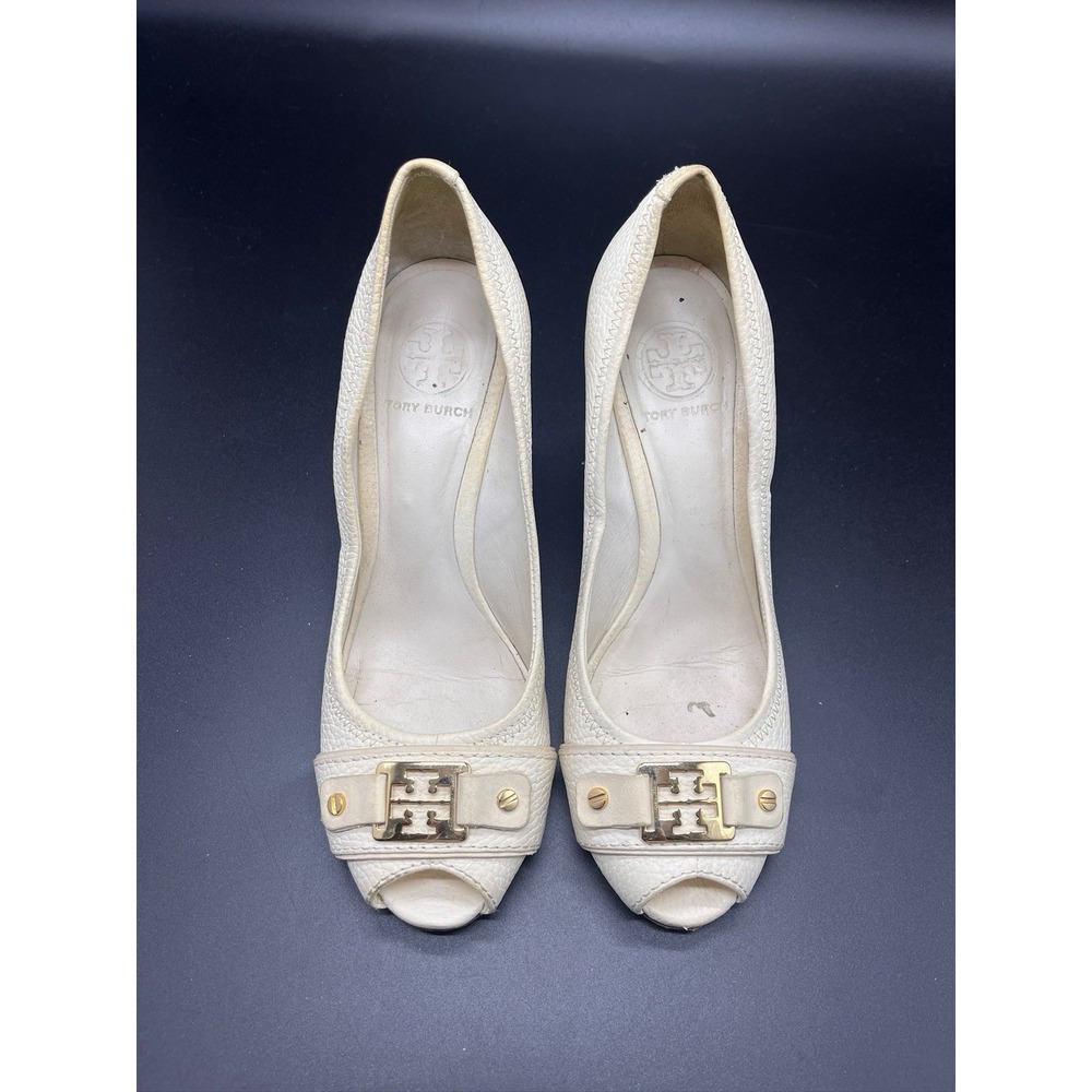 Tory Burch Heels Wedge Carnell Womens 8.5 Peeptoe Cream Cork READ